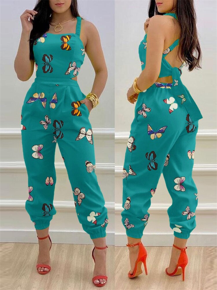 2024 New Floral Print Crisscross Tied Detail Backless Jumpsuit of One Fashion Casual Pieces for Women ODL0775J