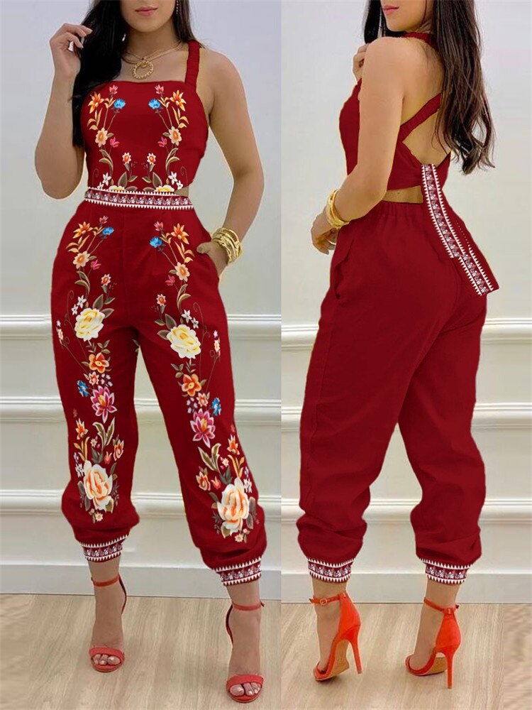2024 New Floral Print Crisscross Tied Detail Backless Jumpsuit of One Fashion Casual Pieces for Women ODL0775K