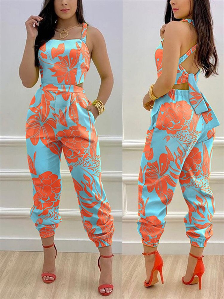 2024 New Floral Print Crisscross Tied Detail Backless Jumpsuit of One Fashion Casual Pieces for Women