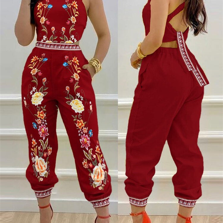 2024 New Floral Print Crisscross Tied Detail Backless Jumpsuit of One Fashion Casual Pieces for Women