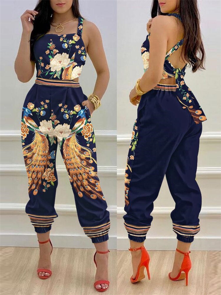 2024 New Floral Print Crisscross Tied Detail Backless Jumpsuit of One Fashion Casual Pieces for Women ODL0775H