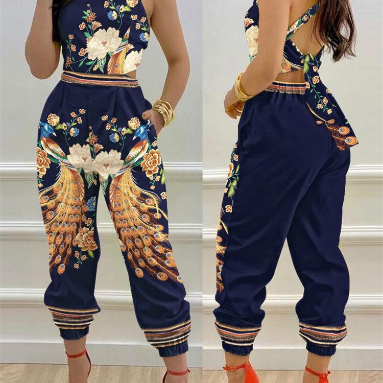 2024 New Floral Print Crisscross Tied Detail Backless Jumpsuit of One Fashion Casual Pieces for Women