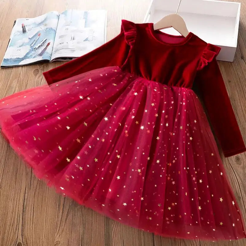 2024 New Girls Christmas Dress for Girls Kids Autumn Full Sleeve Sequined Tulle Tutu Princess Wedding Birthday Party Clothing Red1
