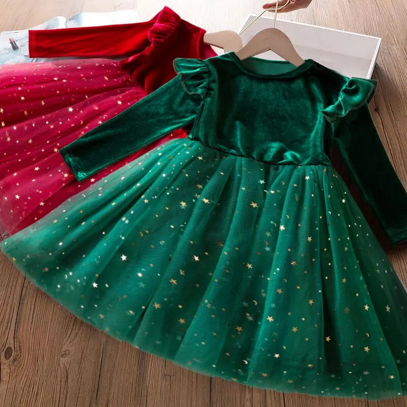 2024 New Girls Christmas Dress for Girls Kids Autumn Full Sleeve Sequined Tulle Tutu Princess Wedding Birthday Party Clothing