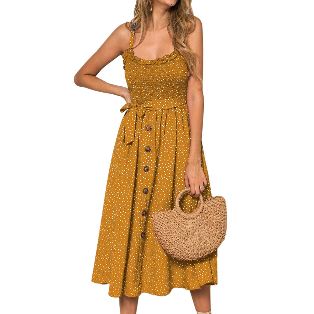 2024 New Hot Women Boho Summer Sleeveless Polka Dot Beach Dress Ladies Stretch Holiday Sundress Evening Party Maxi Dress Yellow Spain