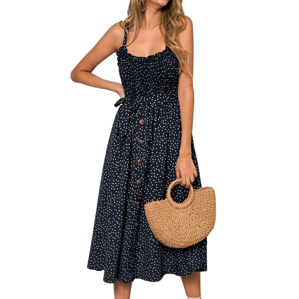 2024 New Hot Women Boho Summer Sleeveless Polka Dot Beach Dress Ladies Stretch Holiday Sundress Evening Party Maxi Dress Navy Spain