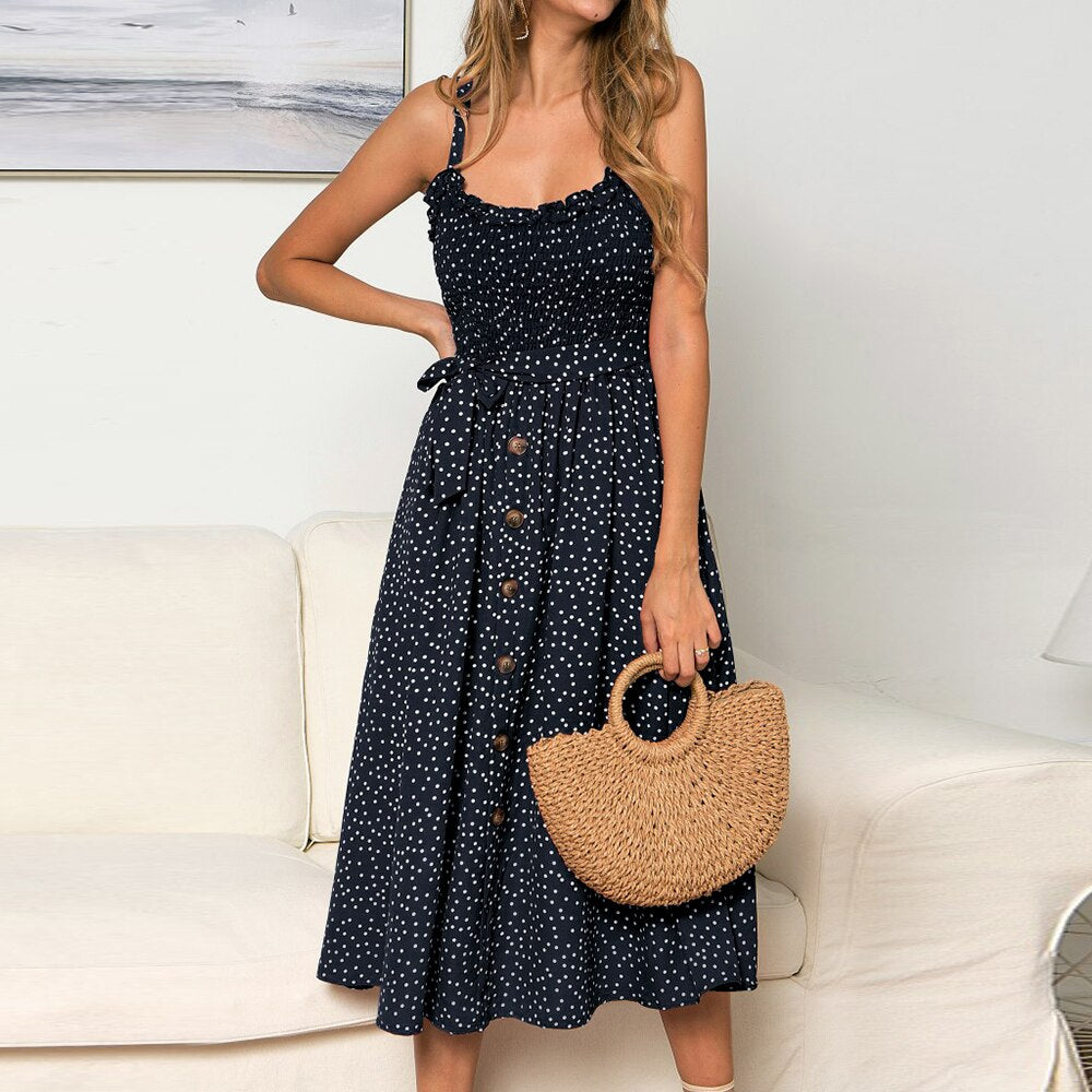 2024 New Hot Women Boho Summer Sleeveless Polka Dot Beach Dress Ladies Stretch Holiday Sundress Evening Party Maxi Dress