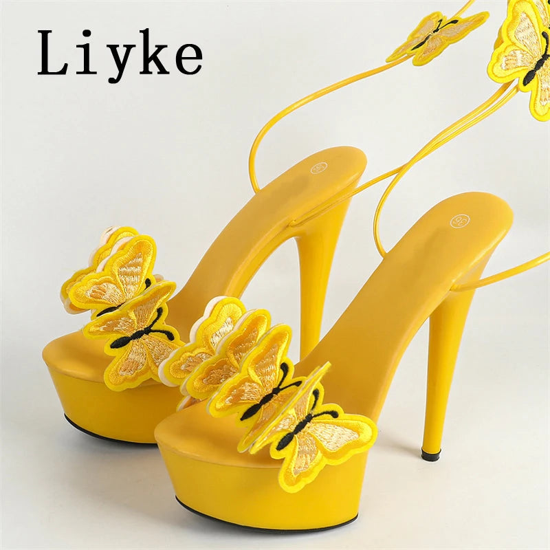 2024 New Pink Yellow Cross Strap Platform Sandals Women Handmade Embroidery Butterfly Open Toe Elegant High Heels Shoes