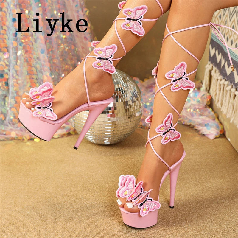2024 New Pink Yellow Cross Strap Platform Sandals Women Handmade Embroidery Butterfly Open Toe Elegant High Heels Shoes