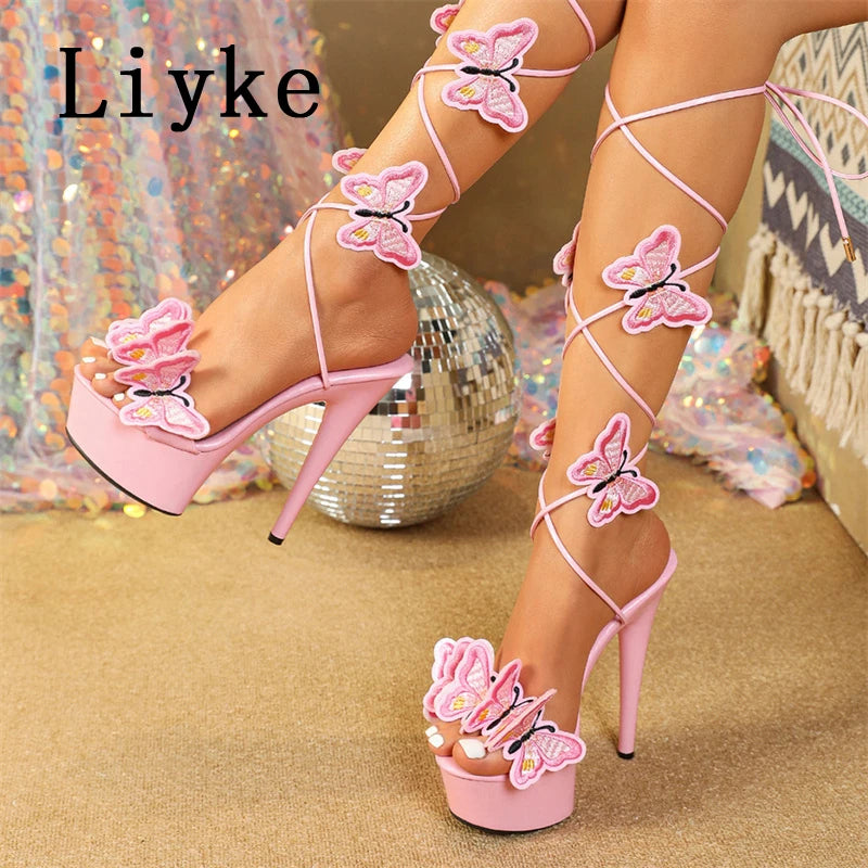 2024 New Pink Yellow Cross Strap Platform Sandals Women Handmade Embroidery Butterfly Open Toe Elegant High Heels Shoes