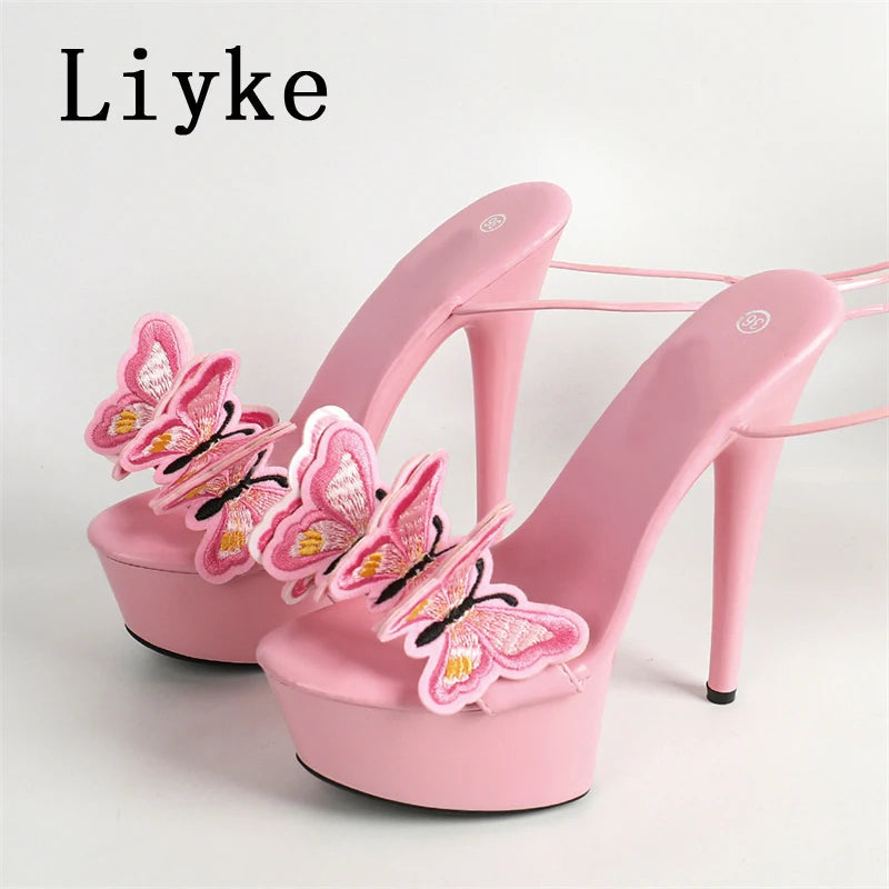 2024 New Pink Yellow Cross Strap Platform Sandals Women Handmade Embroidery Butterfly Open Toe Elegant High Heels Shoes