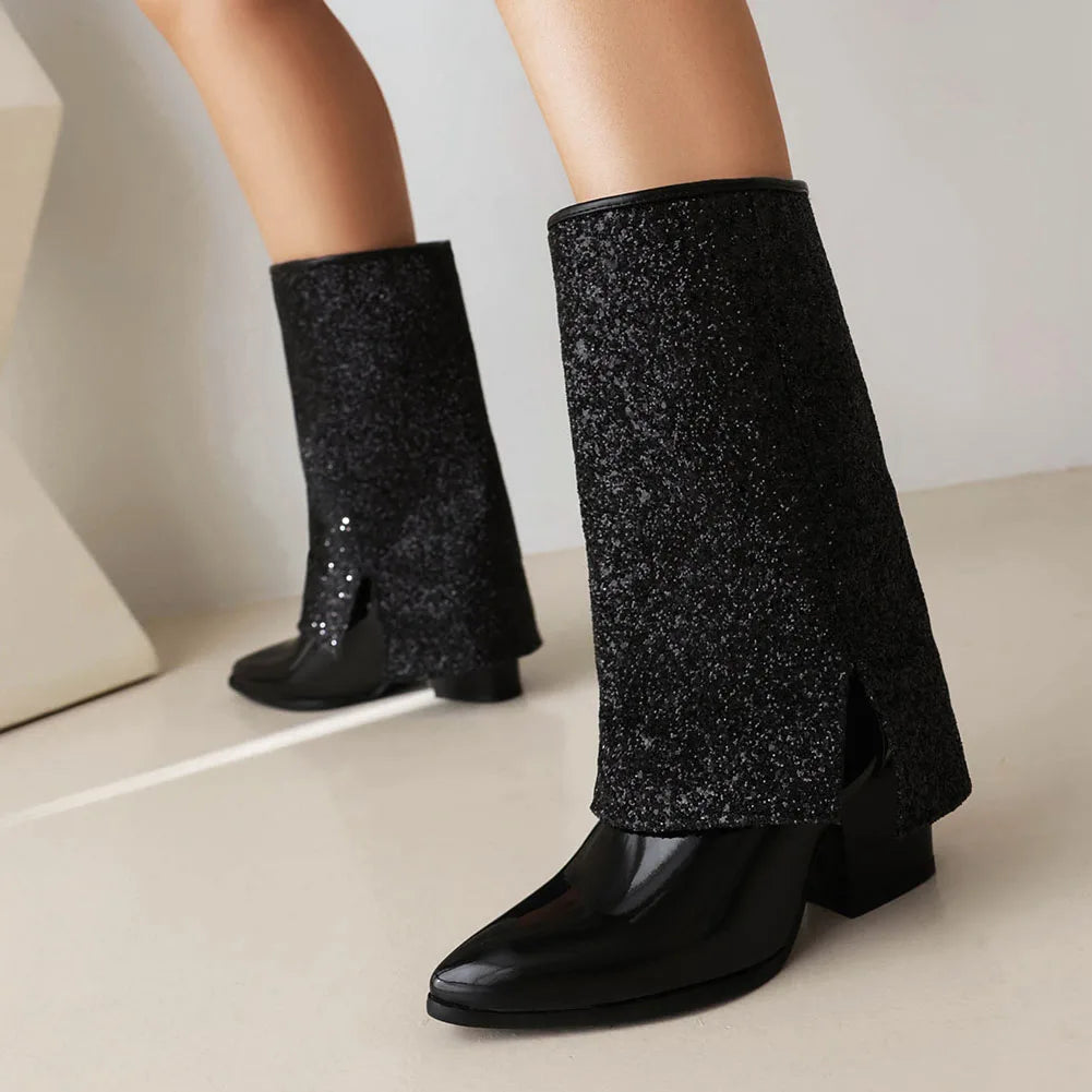 2024 New Women Boots Fold Knee High Heel Boots Round Toe Long Boots Female Square Heel black 1