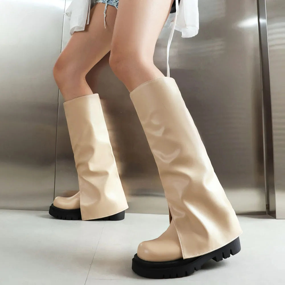 2024 New Women Boots Fold Knee High Heel Boots Round Toe Long Boots Female Square Heel