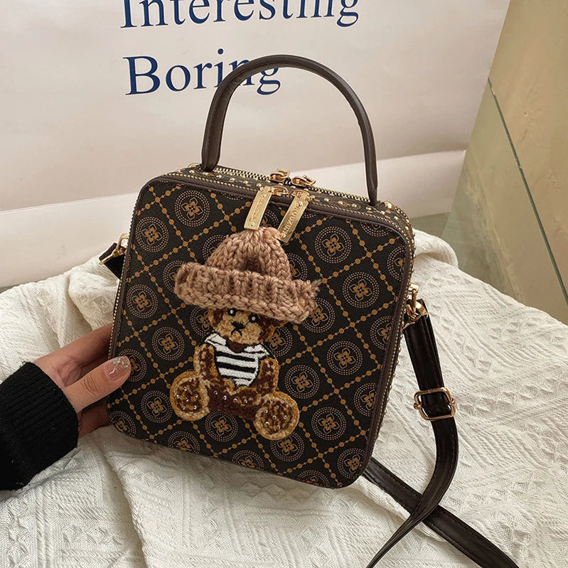 2024 Retro Female Shoulder Bag PU Leather Printing Small Handbag Purses Short Handle Bag Vintage Cross Body Bags for Women grid pattern 7.9x7.48x3.54 inches