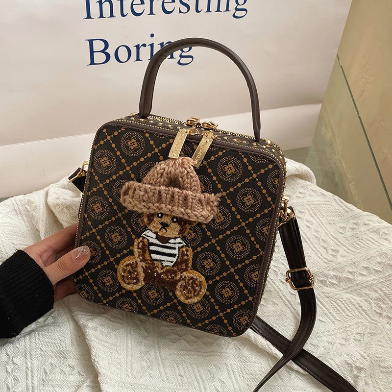 2024 Retro Female Shoulder Bag PU Leather Printing Small Handbag Purses Short Handle Bag Vintage Cross Body Bags for Women grid pattern 7.9x7.48x3.54 inches
