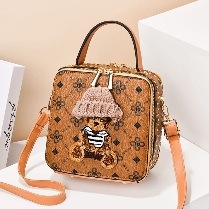 2024 Retro Female Shoulder Bag PU Leather Printing Small Handbag Purses Short Handle Bag Vintage Cross Body Bags for Women Light brown color 7.9x7.48x3.54 inches