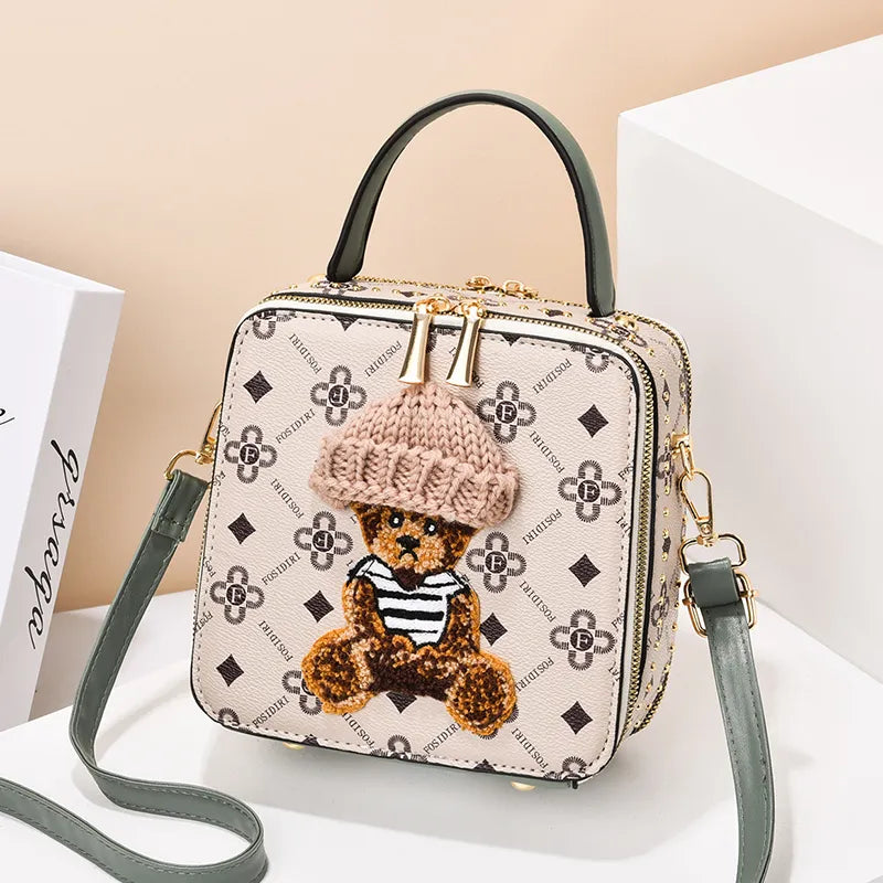2024 Retro Female Shoulder Bag PU Leather Printing Small Handbag Purses Short Handle Bag Vintage Cross Body Bags for Women white with green 7.9x7.48x3.54 inches