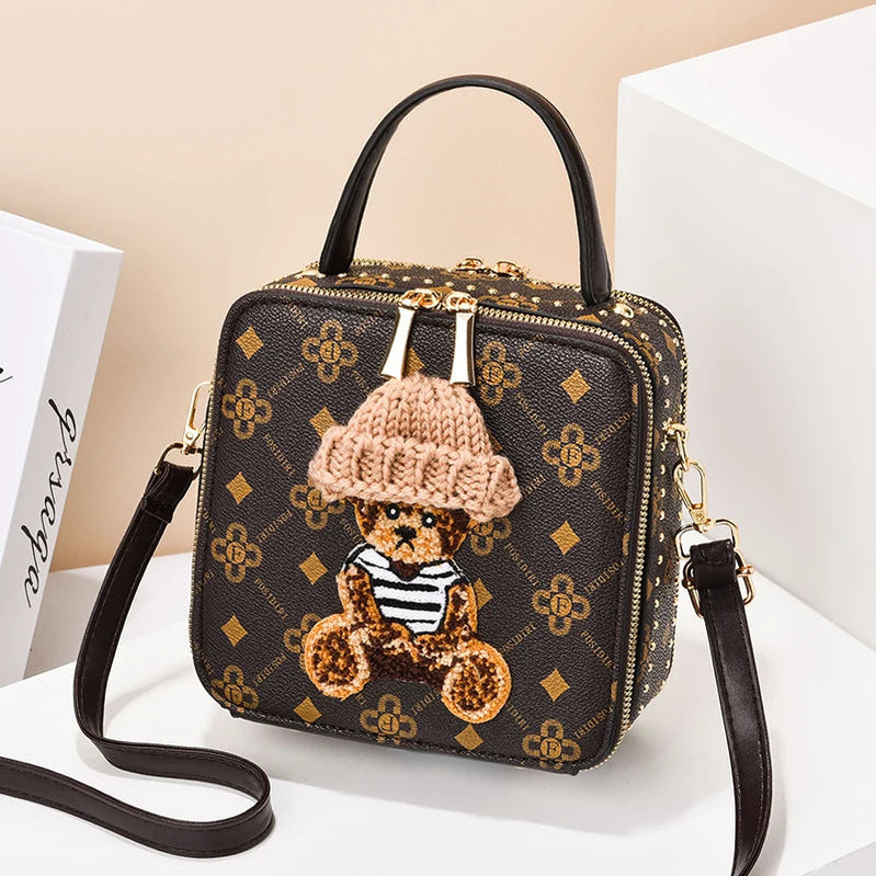 2024 Retro Female Shoulder Bag PU Leather Printing Small Handbag Purses Short Handle Bag Vintage Cross Body Bags for Women dark brown color 7.9x7.48x3.54 inches