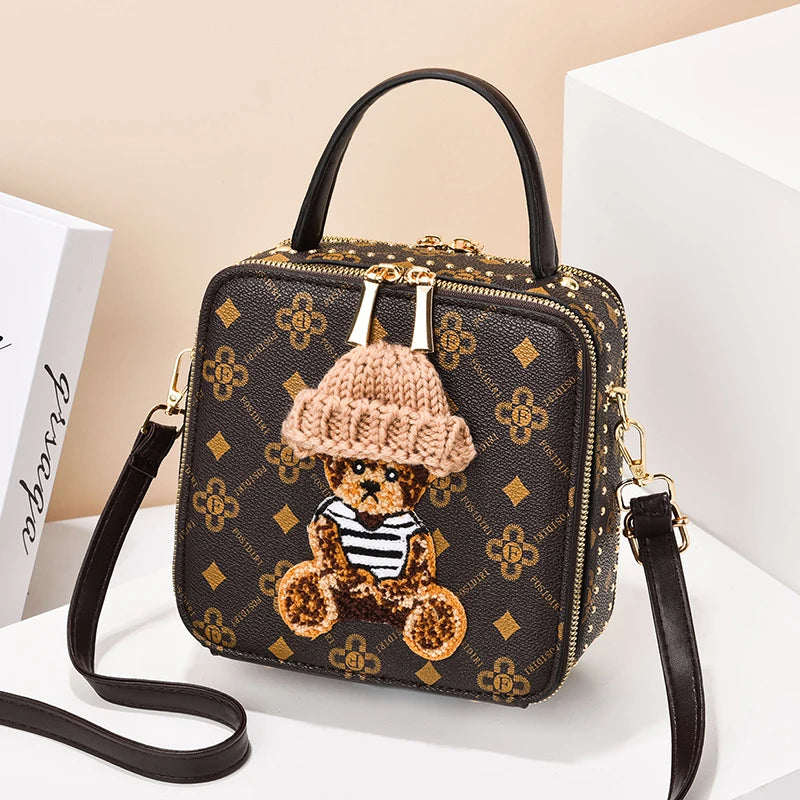 2024 Retro Female Shoulder Bag PU Leather Printing Small Handbag Purses Short Handle Bag Vintage Cross Body Bags for Women dark brown color 7.9x7.48x3.54 inches