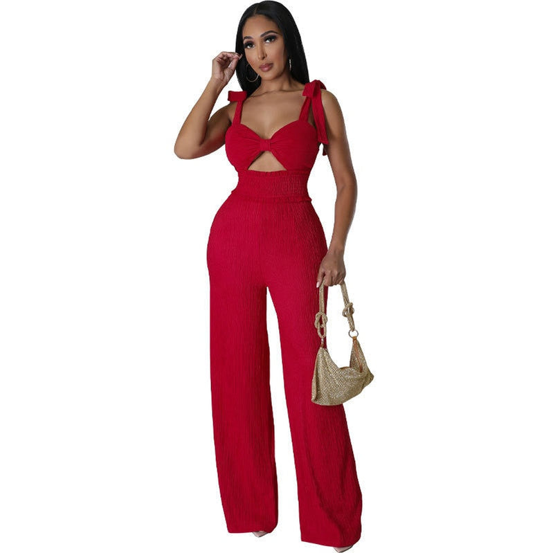 2024 Summer Casual One Piece Jumpsuits For Women Solid Sleeveless Lace Up Backless Pants Street Trendy Female Overalls Red