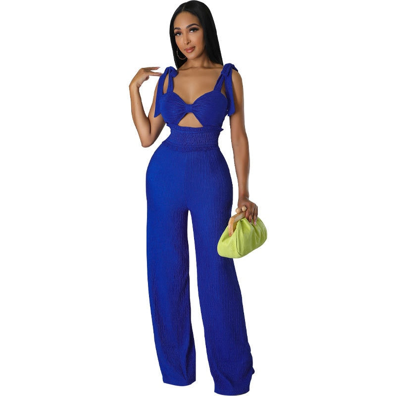 2024 Summer Casual One Piece Jumpsuits For Women Solid Sleeveless Lace Up Backless Pants Street Trendy Female Overalls Blue