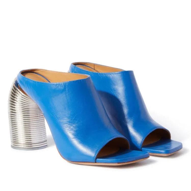 2024 Summer Shaped High Heel Women's Sandals Fashion Open Toe Square Head Muller Shoes 44 Large Women's Slippers 521-Blue