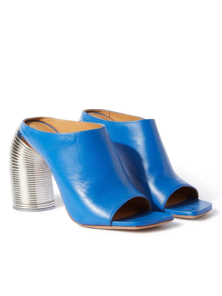 2024 Summer Shaped High Heel Women's Sandals Fashion Open Toe Square Head Muller Shoes 44 Large Women's Slippers 521-Blue