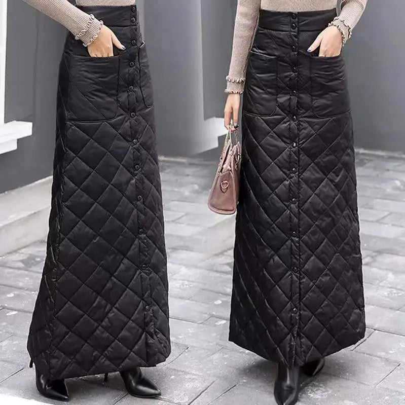 2024 Winter Women Down Cotton-padded Skirt Thicken Windproof Warm Long Skirts with Button Quilted Cotton A-line Skirts