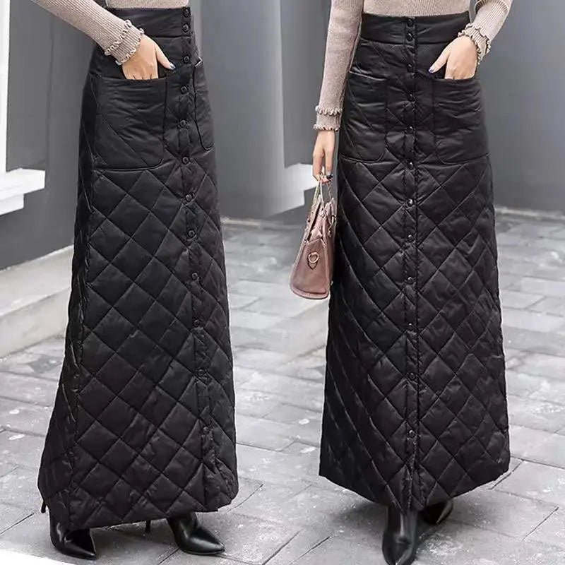 2024 Winter Women Down Cotton-padded Skirt Thicken Windproof Warm Long Skirts with Button Quilted Cotton A-line Skirts