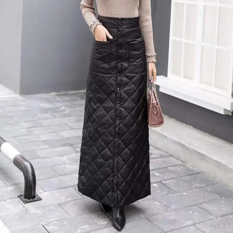 2024 Winter Women Down Cotton-padded Skirt Thicken Windproof Warm Long Skirts with Button Quilted Cotton A-line Skirts black long