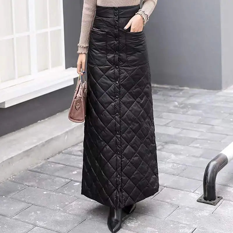 2024 Winter Women Down Cotton-padded Skirt Thicken Windproof Warm Long Skirts with Button Quilted Cotton A-line Skirts