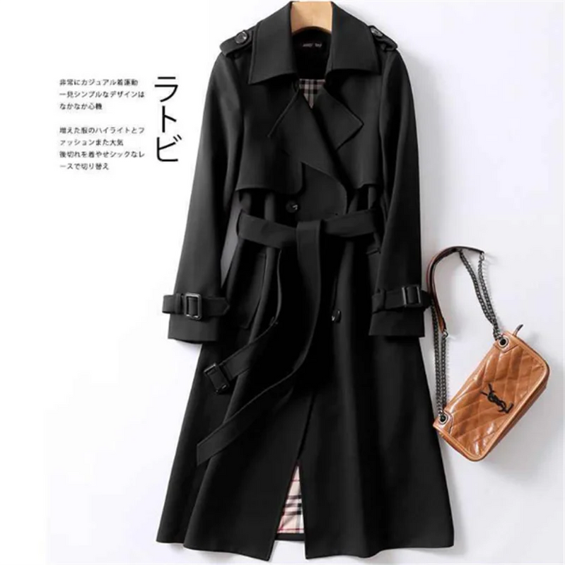 2024 Winter Women's windbreaker With Belt Fashion Streetwear Long Jacket Coat Female Clothing Slim Windbreak Ladies Outwear Black