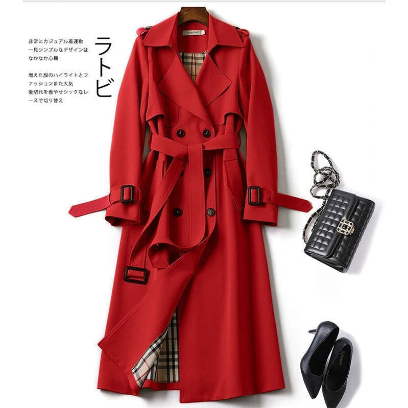 2024 Winter Women's windbreaker With Belt Fashion Streetwear Long Jacket Coat Female Clothing Slim Windbreak Ladies Outwear Red