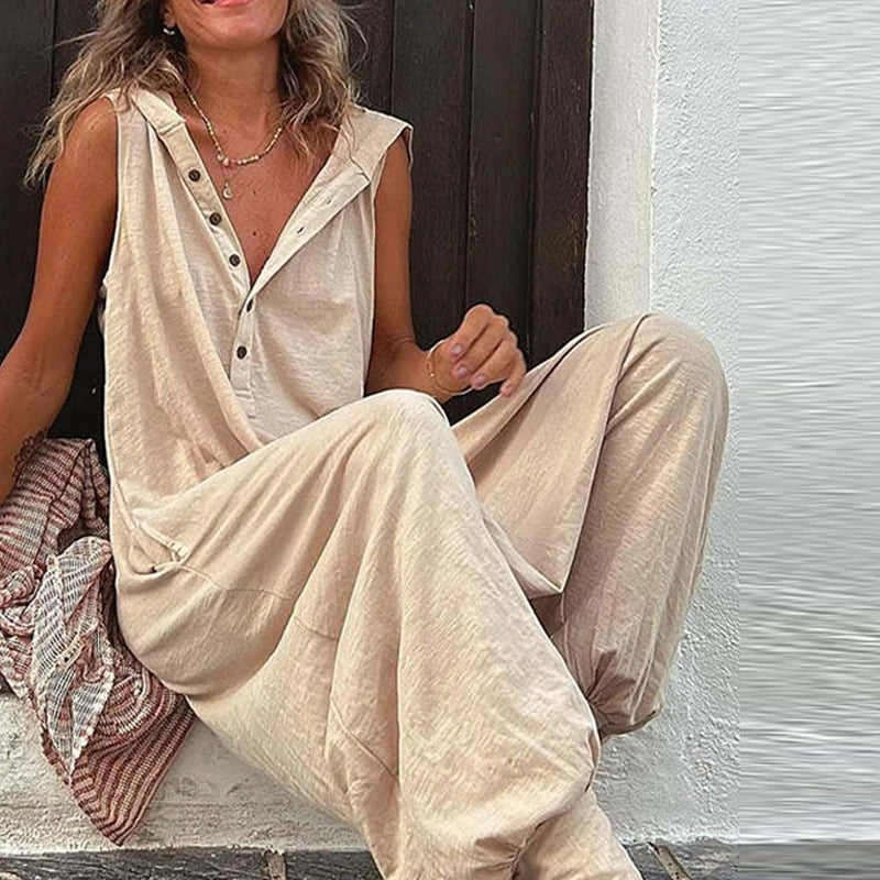 2024 Women Retro Solid Jumpsuit Casual Sleeveless Button Hooded Jumpsuits Lady Fashion Loose Pocket Pleated Small Foot Overalls
