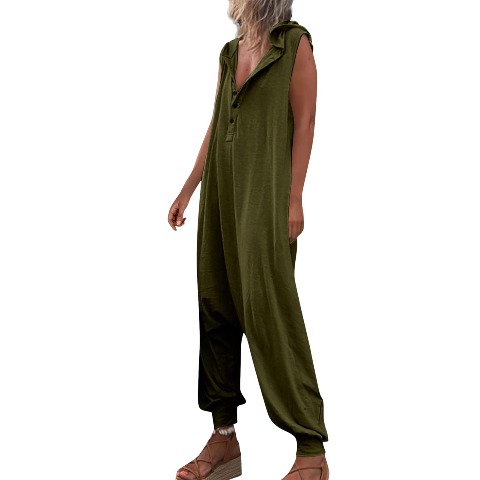 2024 Women Retro Solid Jumpsuit Casual Sleeveless Button Hooded Jumpsuits Lady Fashion Loose Pocket Pleated Small Foot Overalls Army Green