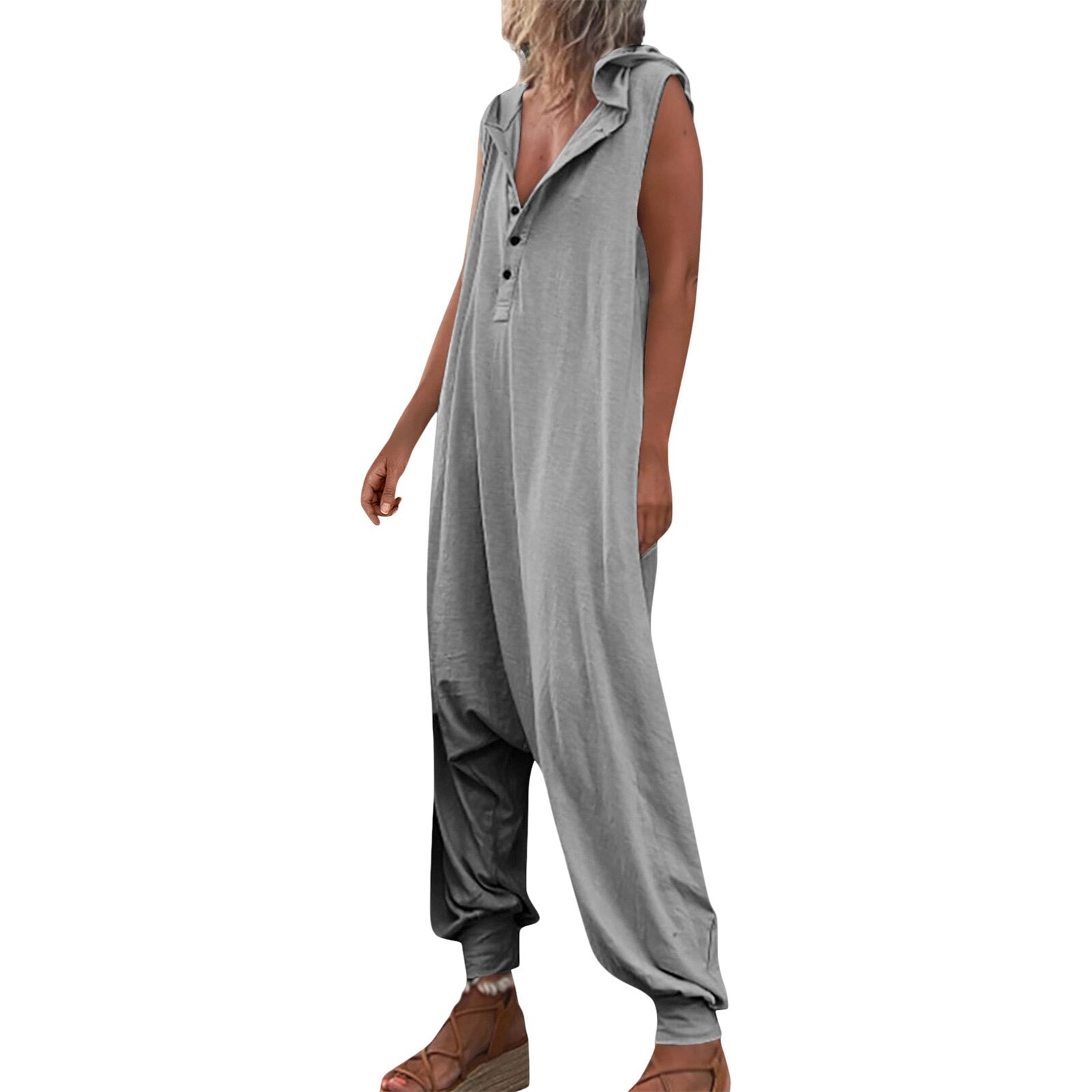 2024 Women Retro Solid Jumpsuit Casual Sleeveless Button Hooded Jumpsuits Lady Fashion Loose Pocket Pleated Small Foot Overalls Grey