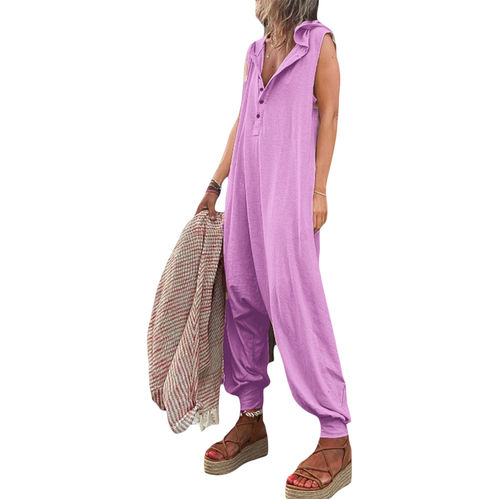 2024 Women Retro Solid Jumpsuit Casual Sleeveless Button Hooded Jumpsuits Lady Fashion Loose Pocket Pleated Small Foot Overalls Purple