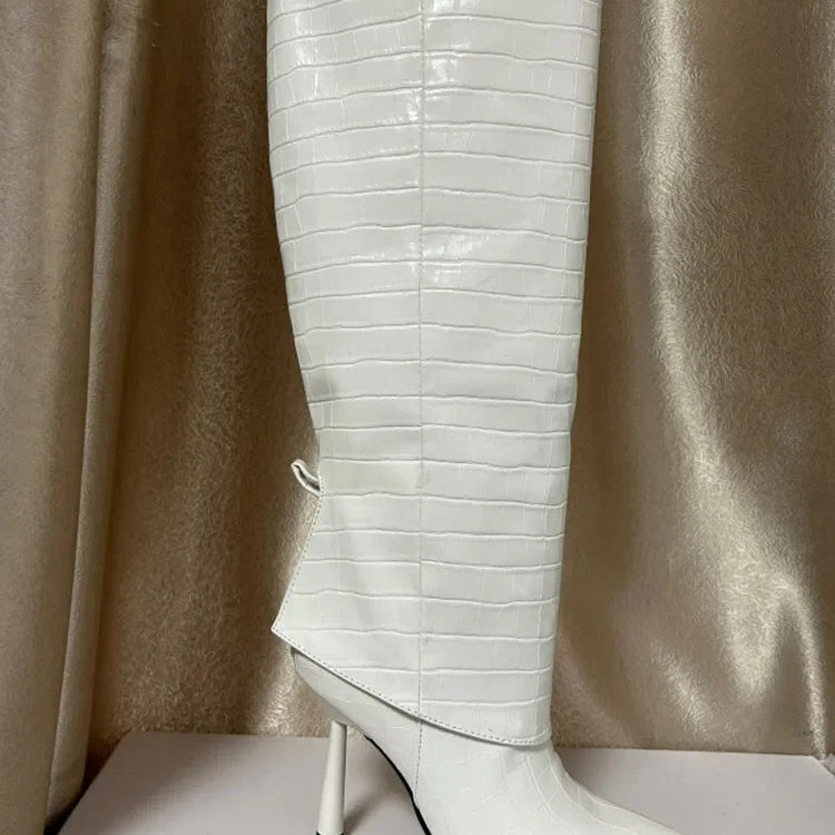 2024 Women's New Knee Length Boots Fashion Pointed Thin High Heel Trouser Sleeve Boots Autumn and Winter Large Size Boots White