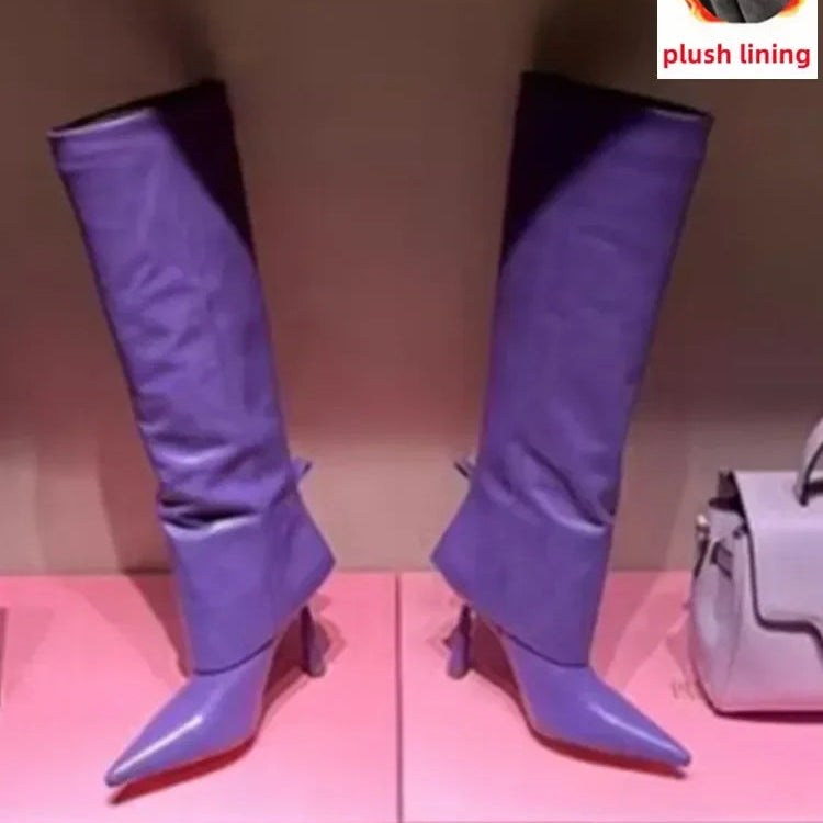 2024 Women's New Knee Length Boots Fashion Pointed Thin High Heel Trouser Sleeve Boots Autumn and Winter Large Size Boots