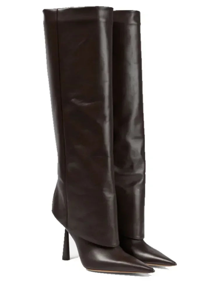 2024 Women's New Knee Length Boots Fashion Pointed Thin High Heel Trouser Sleeve Boots Autumn and Winter Large Size Boots -Dark brown