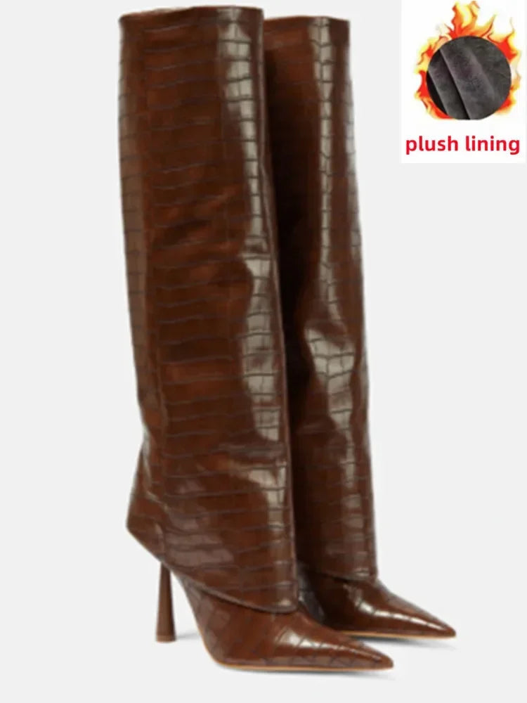 2024 Women's New Knee Length Boots Fashion Pointed Thin High Heel Trouser Sleeve Boots Autumn and Winter Large Size Boots Brown plush lining