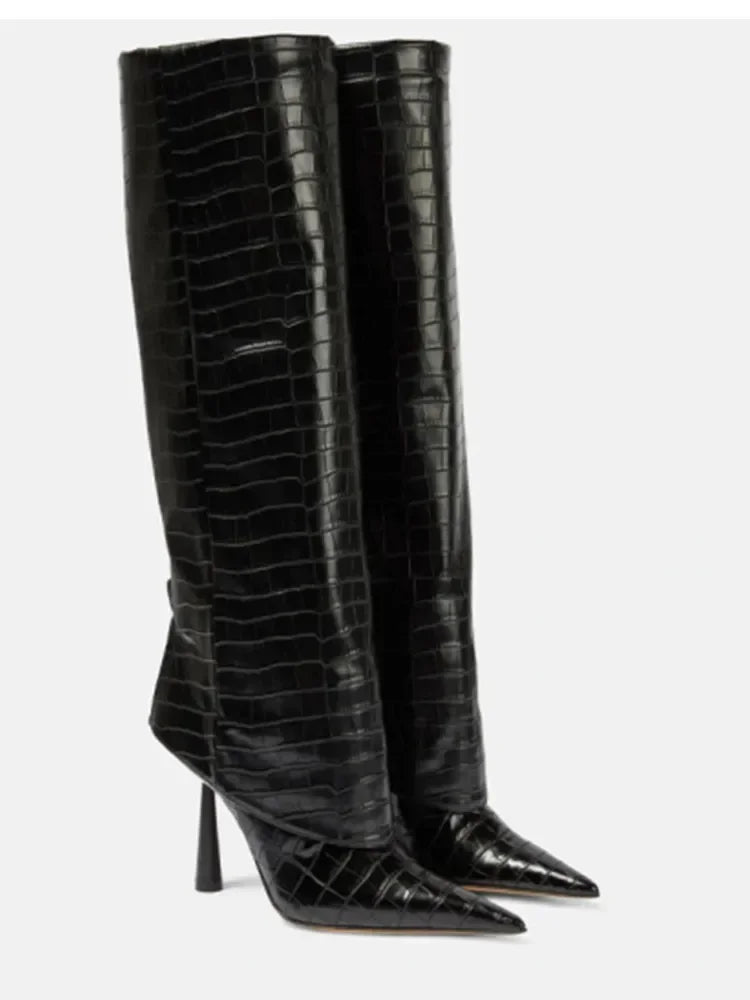 2024 Women's New Knee Length Boots Fashion Pointed Thin High Heel Trouser Sleeve Boots Autumn and Winter Large Size Boots Black stone pattern