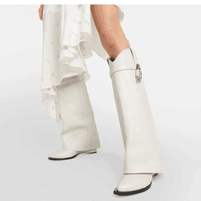 2024 Women's New Over Knee Boots Shark Lock Retro Pattern Thick Sole High Heel Boots Designer Brand Women's Long Leather Boots