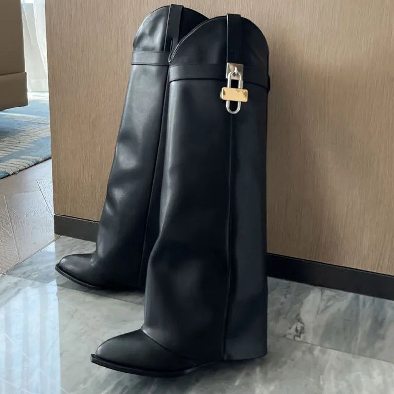 2024 Women's New Over Knee Boots Shark Lock Retro Pattern Thick Sole High Heel Boots Designer Brand Women's Long Leather Boots