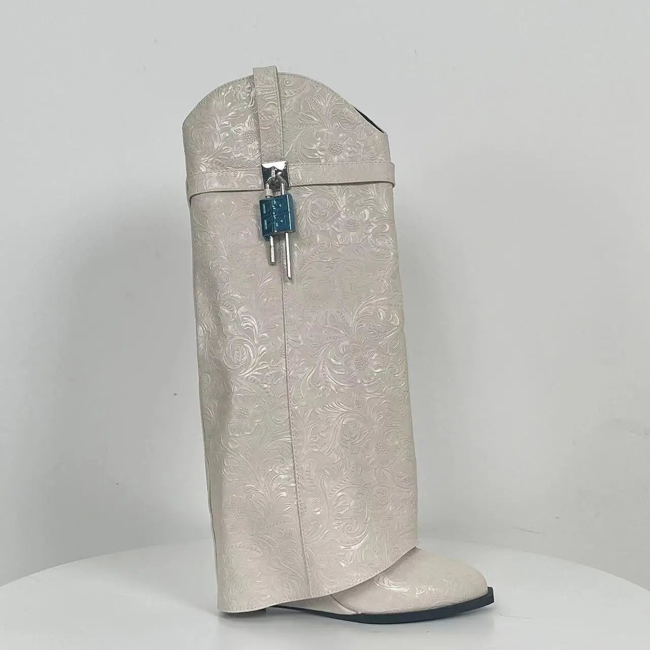 2024 Women's New Over Knee Boots Shark Lock Retro Pattern Thick Sole High Heel Boots Designer Brand Women's Long Leather Boots apricot flower pu