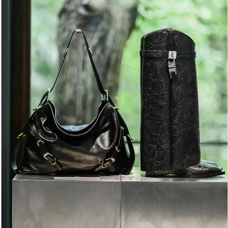 2024 Women's New Over Knee Boots Shark Lock Retro Pattern Thick Sole High Heel Boots Designer Brand Women's Long Leather Boots