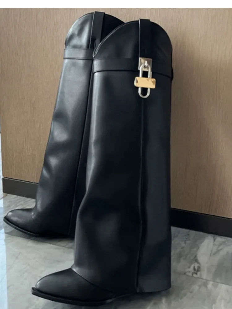 2024 Women's New Over Knee Boots Shark Lock Retro Pattern Thick Sole High Heel Boots Designer Brand Women's Long Leather Boots black pu 2