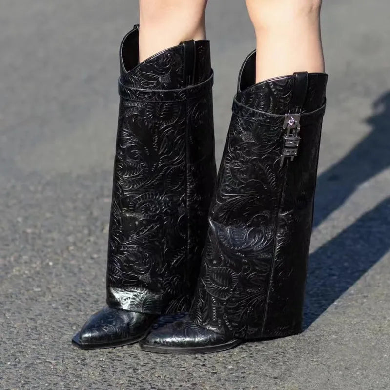 2024 Women's New Over Knee Boots Shark Lock Retro Pattern Thick Sole High Heel Boots Designer Brand Women's Long Leather Boots