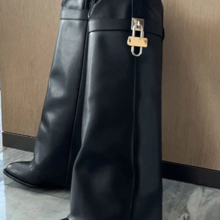 2024 Women's New Over Knee Boots Shark Lock Retro Pattern Thick Sole High Heel Boots Designer Brand Women's Long Leather Boots Black cowhide 2