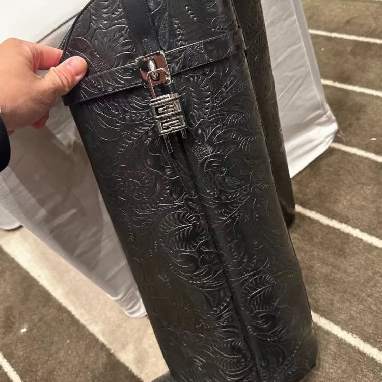 2024 Women's New Over Knee Boots Shark Lock Retro Pattern Thick Sole High Heel Boots Designer Brand Women's Long Leather Boots Black cowhide